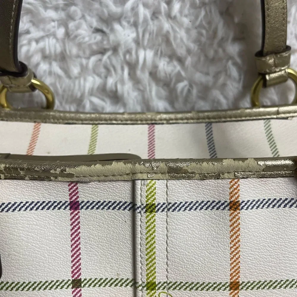 Coach Peyton Tattersal PVC Beige Plaid  Shoulder Purse gold trims & straps